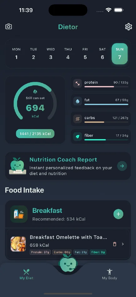 Dietor app showing daily nutrition and meal tracking